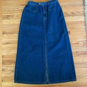 Vintage Liz Claiborne Long Denim Skirt Dark Blue Cotton Elastic Back Waist Sz 10